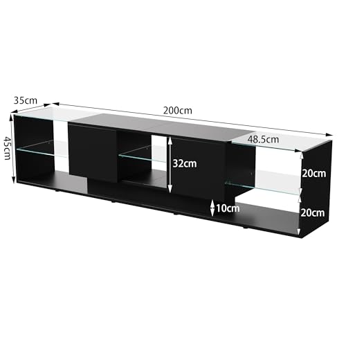 JiaOyu Mueble de TV con luces LED para televisores de hasta 85 pulgadas, moderno y brillante, con espacio de almacenamiento y estantes de cristal abiertos, para salón, dormitorio, color negro - imagen 2