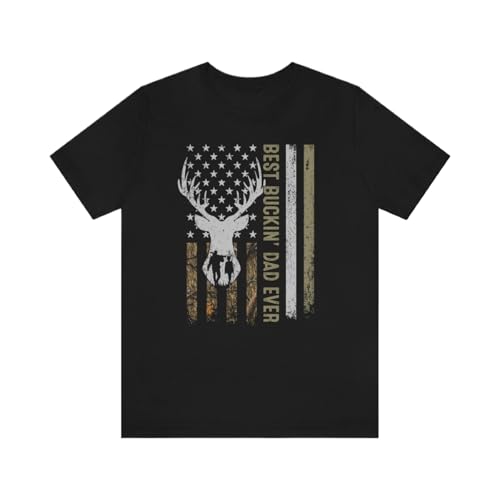 Best Buckin Dad Ever T-Shirt, Funny Hunting Dad USA Flag Graphic Tee (Large)