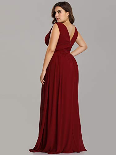Image of Ever-Pretty V Neck Sleeveless Pleated Chiffon Maxi Plus Size Formal Dresses for Women Bridesmaid Dresses Burgundy US22