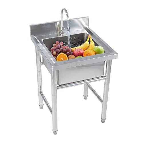 Fregadero Industrial Acero Inoxidable Con Patas Comercial De Un Solo Tazón Fregadero De Cocina Independiente Lavabo De Mano Para Lavandería, Patio Trasero, Garaje, Restaurante, Al Aire Libre