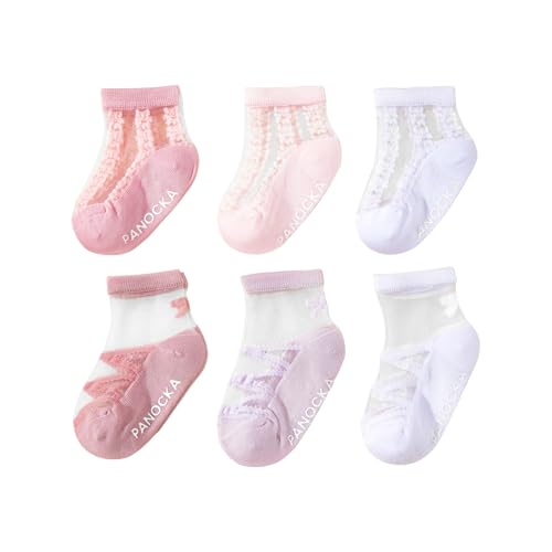 Looching 6 packs baby girls non slid socks toddler newborn mesh thin ankle grips socks for 6-12Months 1-3T