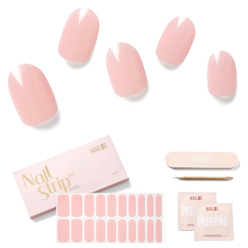 Semi Cured Gel Nail Strips - NAILOG 20 Pcs Pink Nail Stickers Extra Long Wraps with Glossy Gel Finishing for Spring Summer Rosy Veil