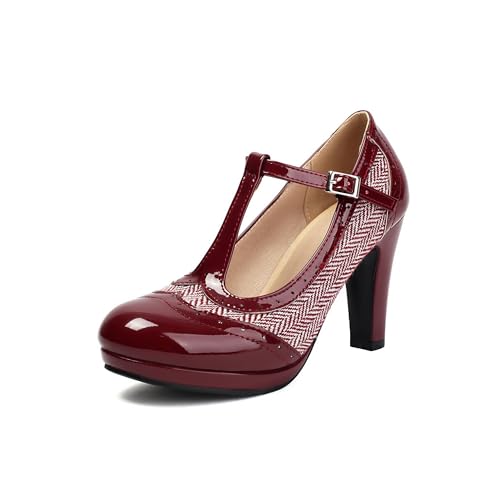 Women's Mary Jane Two Tones 1920s Pump HeelsWingtip Classic and Retro Oxford Pattern Vintage Round Closed Toe 1950s Ankle Strap Dress Shoes - Main Image