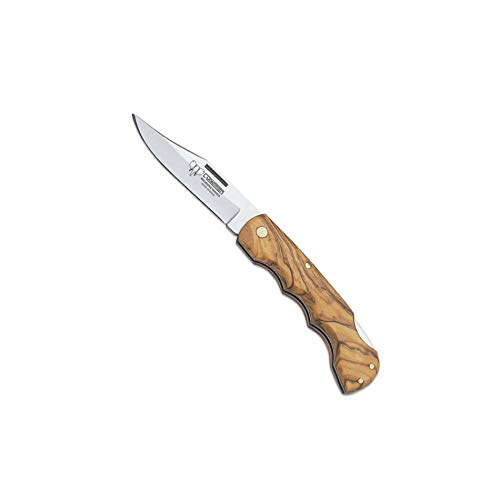 Cudeman Navaja 335-L hoja de acero ACX-380 de 6,5 cm y empuñadura de madera de olivo satinado de 8,5 cm para caza, pesca, supervivencia y bushcraft + Portabotellas regalo