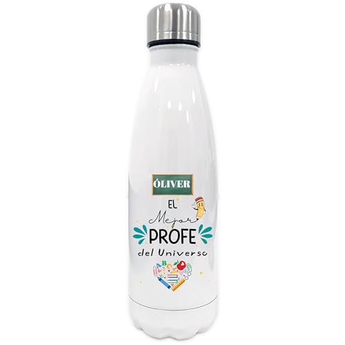 Botella Termica para Profes Personalizada con Nombre, Botella de Agua y Tapa de Acero Inoxidable, Color Blanco, Regalo Profesores Y Profesoras, Diseño Mejor Profe Universo