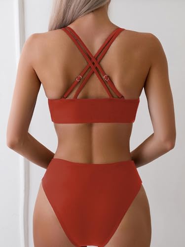 Image of Fanuerg Women's Sexy V Neck Bikini Sets Hollow Out Two Piece Swimsuits Cutout Mid Waist Bathing Suit