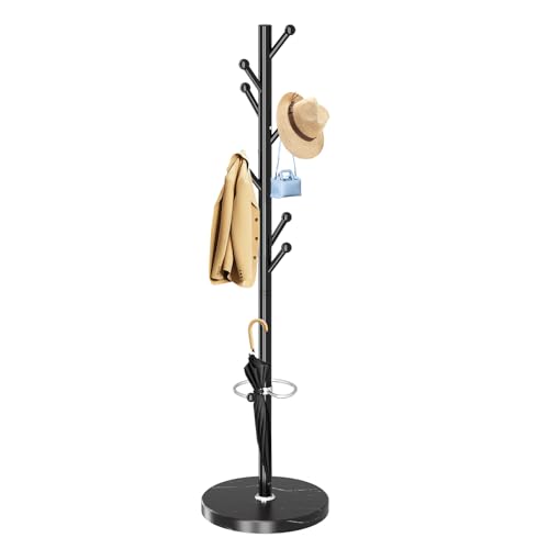 OIRUMIE Coat Rack with Natural Marble Base, Metal Coat Racks Freestanding, Modern Coat Rack Stand with 8 Hooks& Umbrella Holder, Black Coat Clothes Tree Hats Hanger Stand for Entryway, Hallway