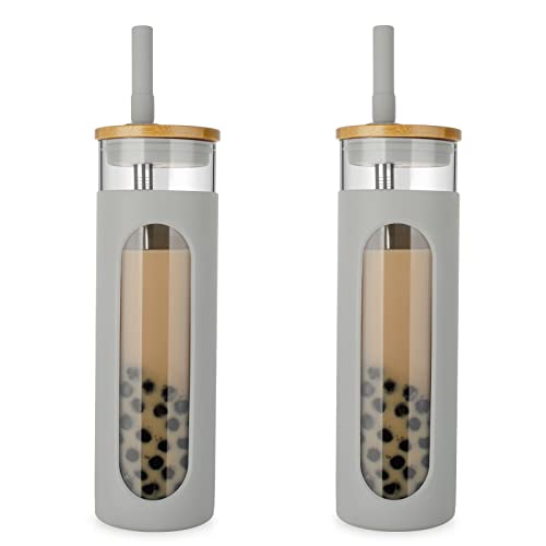 Tronco 20 oz Glass Tumbler with Lid & Straw, Reusable Iced Coffee Cups and Smoothie Cup with Bamboo Lid for Boba Tea, Coffee, Juice, BPA-Free Borosilicate Glass Cup for Home, Office & Gifts