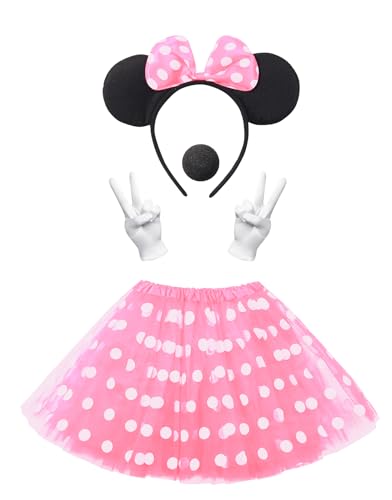 Clundoo Damen Maus Mouse Kostüm Rosa Tutu mit weiß Gepunktet + Haarreifen mit Maus Ohren + Handschuhe + Nase für Fasching Karneval Motto Cosplay Party