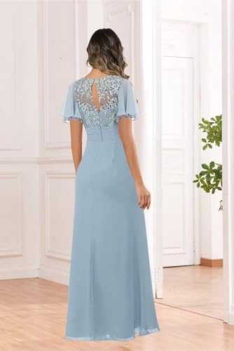 Lace Applique Mother of The Bride Dresses with Short Sleeves Chiffon Pleated Wedding Formal Gown2