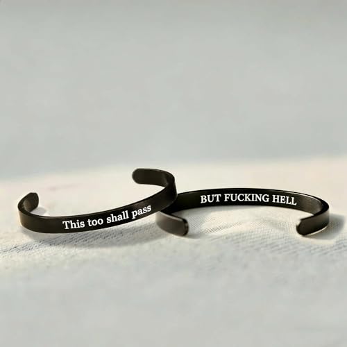 QiaoEEcho This Too Shall Pass Mantra Cuff Bracelet, BUT FUCKING HELL Engarved Motivational Bangle Bracelet, Hidden Message Encouragement Jewelry Gifts for Women by QiaoEEcho - Used condition - Image 5