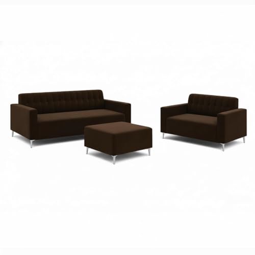 Image of SOCOZI Antonia 3+2 Seater Fabric Sofa Set with Ottoman | Soft Velvet Suede Upholstery | Modern Living Room Furniture (Dark Brown)
