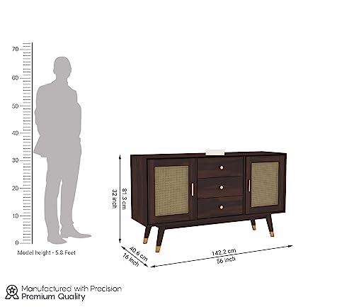 Image of Solid Sheesham Wood Wooden Sideboard Storage Cabinet : Ideal for Living Room and Bedroom with 3 Drawers and 4-Shelf Storage (Iriana, Walnut Finish)