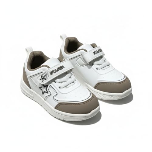 Image of High Fashion Kids Athletic Sneakers, White and Grey Sports Shoes, Breathable Synthetic Mesh, Hook and Loop Closure, Ages 4-8 Years, Summer Collection