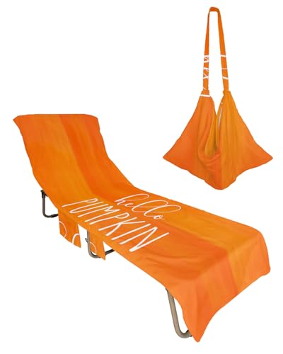Thanksgiving Beach Chair Towel Covers for Chaise Lounge With Side Pocket, Soft Plush Pool Towels Cover for Patio Sunbathing Outdoor 29''x85'' Burnt Orange Pumpkin Festival