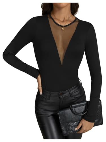 OYOANGLE Women's Slim Fit See Through Contrast Mesh Long Sleeve Tee Tops