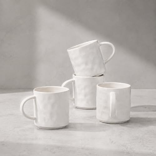 HaWare 14OZ Coffee Mugs Set of 4, Stoneware Coffee Cups with Handle, Latte Mug for Man, Woman, Dad, Mom, Modern Tea Mugs for Latte/Cappuccino/Cocoa/Milk, Dishwasher& Microwave Safe, Speckled White