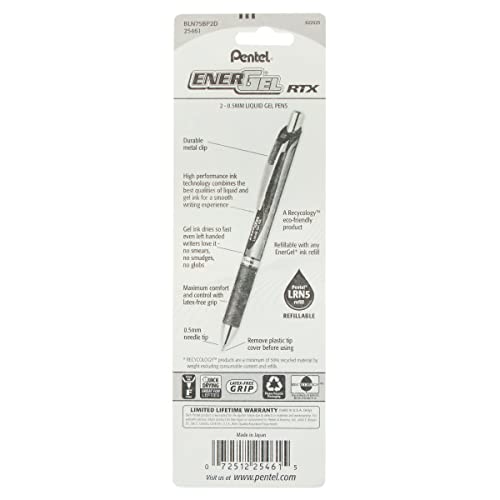 Pentel ENER-GEL RTX Retractable Liquid Gel Pen 0 5mm Needle Tip Fine Line Green Pack of 2 BLN75BP2D — view 6
