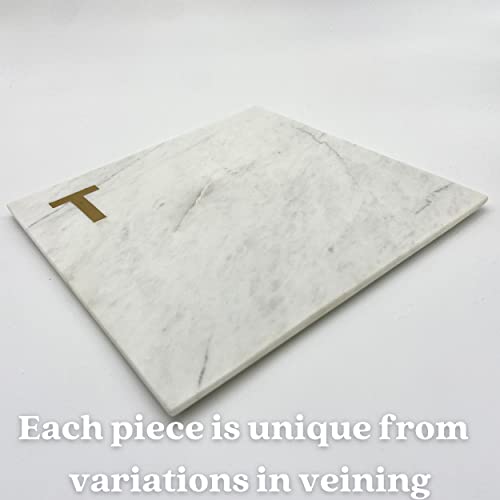 Boards By Bleu Monogram Marble Cheese Board, Hand Crafted Marble Cutting Board From White Marble Slab, Personalized Charcuterie Board With Brass Initial, Great Wedding Or House Warming Gifts, Letter T #TOP3
