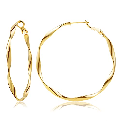 24K Gold Hoop Earrings for Women Trendy Real Gold Plated Twisted Thin Huggie Hoops, Dainty Cute Big Gold Filled Dangle Hoop Earrings Nickel Free Womens Earrings for Sensitive Ears Hypoallergenic