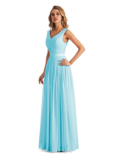 Lecureler Vestido largo de dama de honor con cuello en V, azul celeste, 42