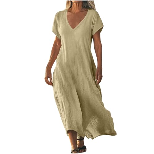 AACH Strandkleid Damen Lang Sommerkleider Elegant Kurzarm Freizeitkleid Lose Boho Maxikleid V-Ausschnitt Kleider Baumwolle Leinen Kleid Einfarbig...