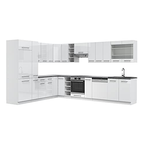 Vicco Cuisine en Angle Fame-Line, Blanc Brillant/Blanc, 347x46cm sans PT, adapté à Une Planification de Cuisine Flexible et à Une Extension modulaire
