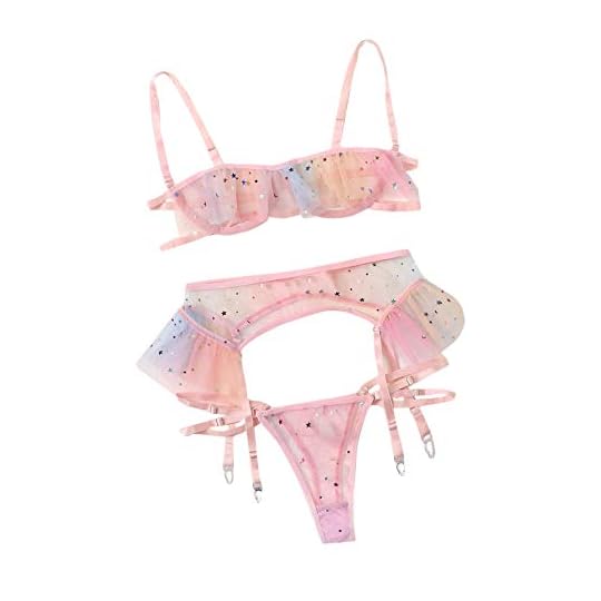 
                            Lilosy Sexy Underwire Colorfull Kawaii Cute Sheer Galter Belt Lingerie Set Bra and Panty 3 Piece
                        