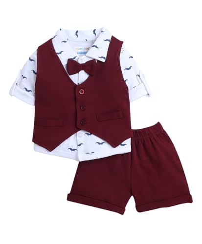 Image of BUMZEE Boys Regular Fit Full Sleeves Collar Neck Cotton Shirt Waistcoat Short Set with Applique Bow