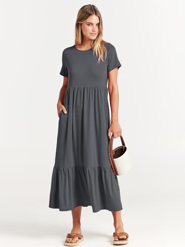 Image of ANRABESS Womens 2026 Summer Casual Maxi Dress A line Tiered Flowy Short Sleeve Crewneck T Shirt Beach Travel Long Dresses