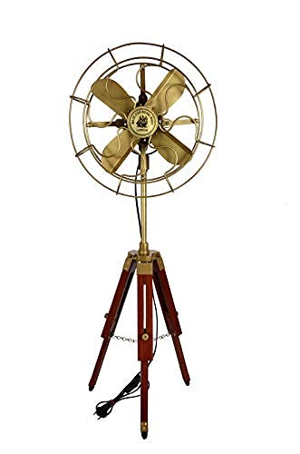 OVERSEAS MART Antique Brass table Fan With Wooden tripod Stand