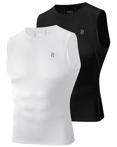Runhit 2 Pack Mens Compression Tank Top Sleeveless Workout Muscle Shirts Flexible Sports Base Layer Undershirt Gym Black White 3XL