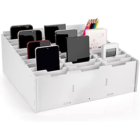 Ozzptuu Wooden 36-Compartment Desktop Organizer Multifunctional Storage Box Desk Supplies for Cell Phones Holder White (36-Grid) Cover