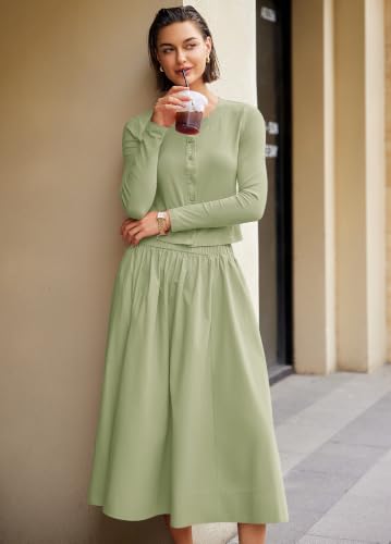 Image of Panadila Womens 2 Piece Lounge Sets Matching Vacation Outfits Ribbed Button Down Cardigan and Elastic Waist Skirt Sets