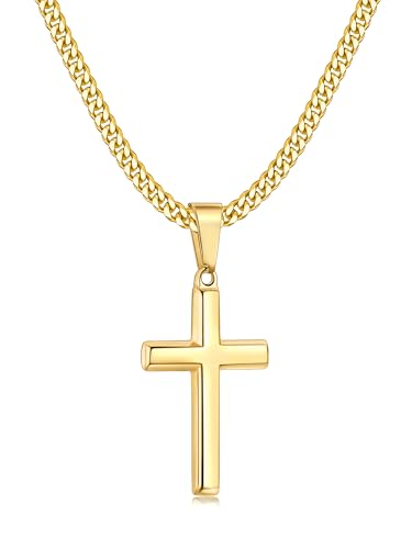 Image of Fiusem Silver Tone /Black /14K Gold Plated Cross Necklace for Men, Beveled Edge Pandent Mens Necklace, 3.5MM Stainless Steel Cuban Chain, 16-24 Inches Jewelry Gifts