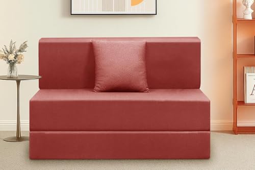 Image of Foldable 1-Seater, 3X6 Sofa Bed | Convertible Sofa Cum Bed with Cushion Jute Fabric Perfect for Living Rooms & Guest Rooms - Red