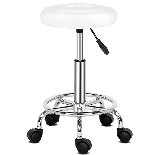 Bonnlo Tabouret de Bureau, Tabouret à roulettes Rotation à 360° Hauteur Réglable pour Salon de Manucure, Salon de Beauté, Spas et Bureaux (Blanc)