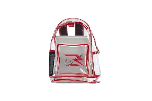 Image of Nike 3Brand Clear Backpack - Red - One size (23L) | See through school bookbag for boys, girls, men, women. Zip main compartment, side mesh bottle pocket, padded shoulder straps