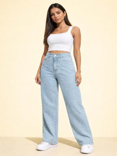 Image of KOTTY Women's High Waist Straight Fit Cotton Blend Denim Jeans|Comfortable Regular Length Casual Jeans for Women