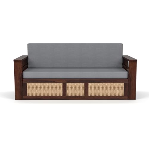 Image of Mamta Furniture Sheesham Wood Sofa Cum Bed with Storage Rattan Cane Design Wooden Sofa Set for Living Room Bedroom 3 Seater Convertible Sofa Bed in Walnut Finish