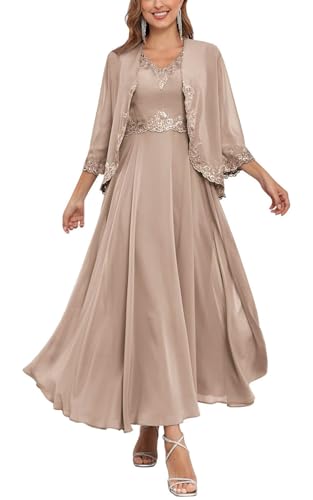 Robes longues de mère de la mariée pour femmes avec veste 2 pièces en mousseline de soie, robe formelle pour invitée de mariage, taupe, 52 Grande taille