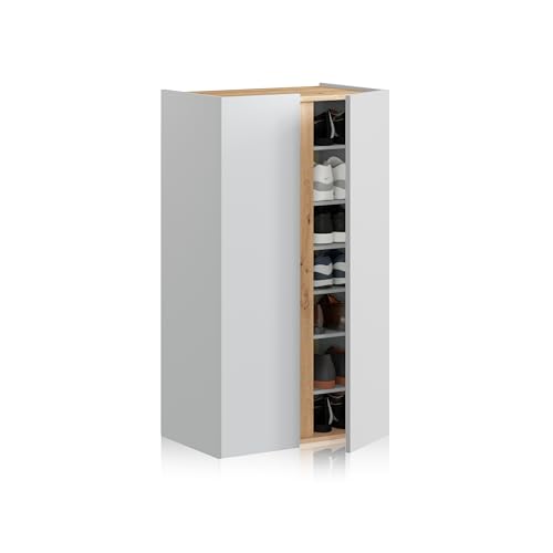 duehome | Eitan, Zapatero de 2 Puertas, Armario Zapatero, Acabado en Color Blanco Artik y Roble Nodi, Medidas: 56,5 cm (Largo) x 102 cm (Alto) x 35 cm (Fondo)