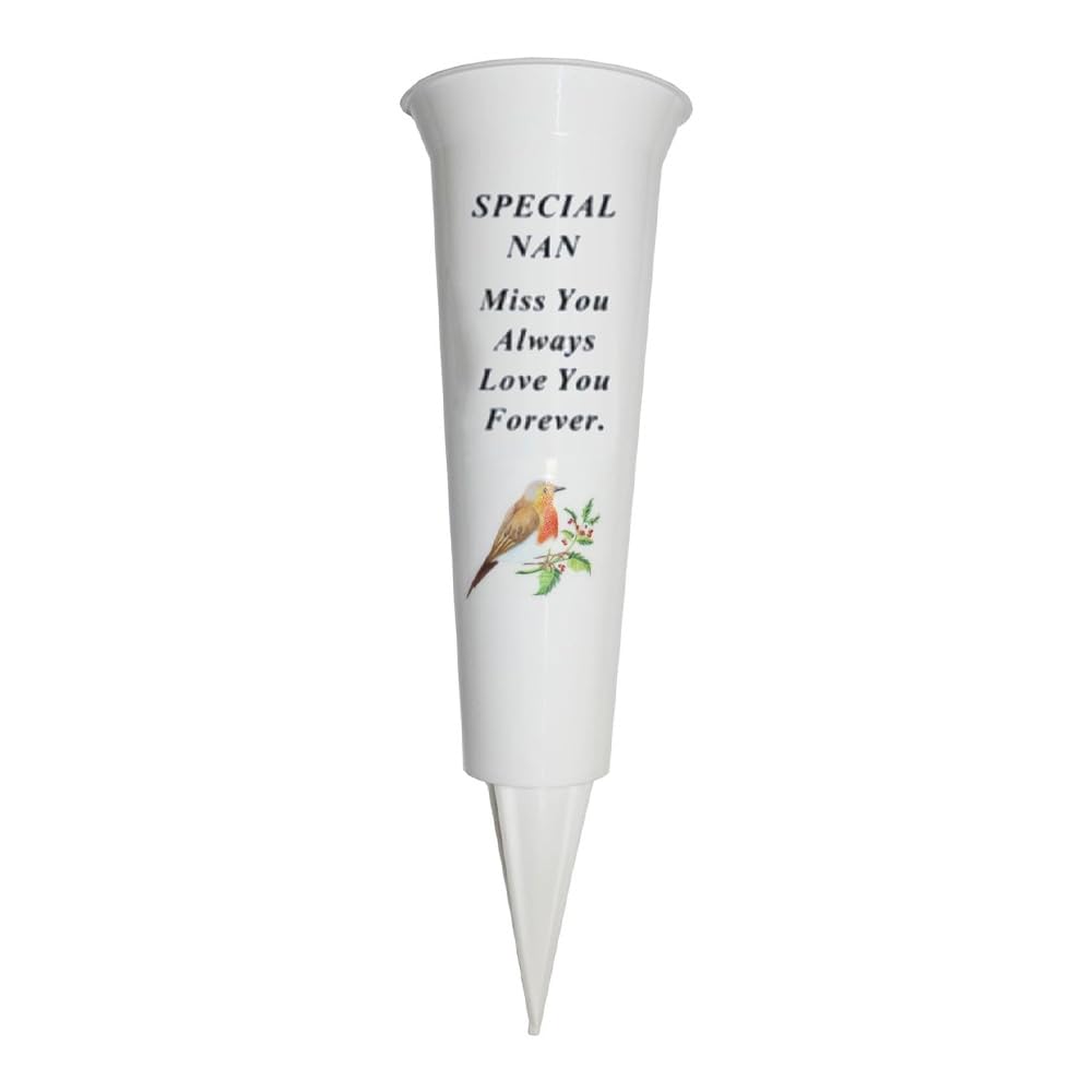 Plastic Flower Holders/Memorial Grave Vases Ornaments - Spike Flower Grave Vases for Grave Decoration with Engraved Funeral Verses for Your Loved Ones - With White Spike and Robin Image (Nan)