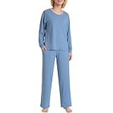 Latuza レディース 2ピース ラウンジパジャマセット リブ編み 長袖 Vネック PJs, ブルー, Large