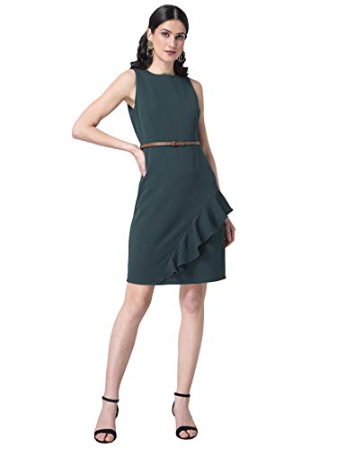 Image of FabAlley Department233 Poly Lycra Regular Green Ruffled Bodycon Dress with Tan Belt