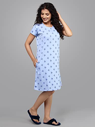 Image of Meerkat Women Short Sleeve Knee Length Cotton Knits Printed Short Nighty /Long Shirt /Midi