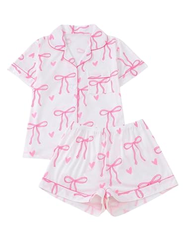 Image of SHENHE Women's 2 Piece Pajama Set Bow Graphic Button Down Short Sleeve Lapel Shirt Pj Short Set