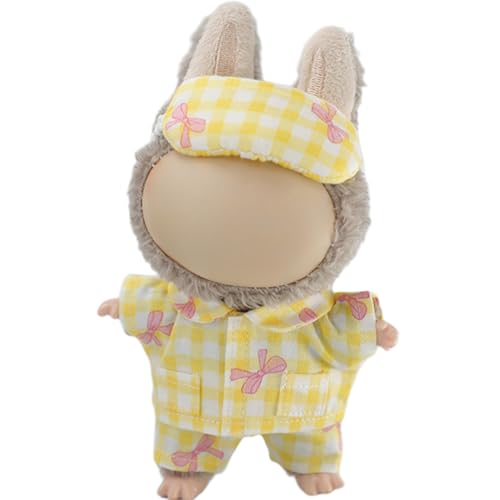 Image of Clothes for Labubu Soft Cotton Cute Pajama Design 3-Piece Set,Plaid Top,Pants & Eye Mask,Perfect for 17cm Dolls(No Doll) (Yellow)