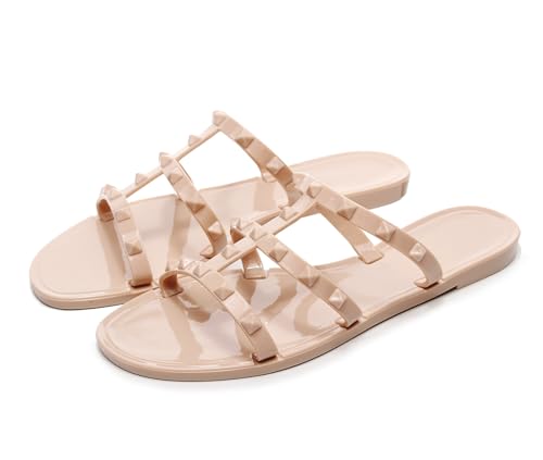 Image of Women Flats Sandals, Studded Jelly Shoes Size 9 Red Dressy Summer Beach Rivets Strappy Jellies Slide Slip On Open Toes