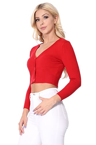 YEMAK Women's Cropped Bolero Cardigan – 3/4 Sleeve V-Neck Basic Classic Casual Button Down Knit Soft Sweater Top (S-4XL)4